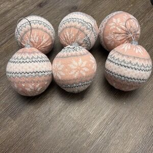 Sweater Knit Fabric Ball Christmas Ornament Set of 6 Pink Gray White Snowflake